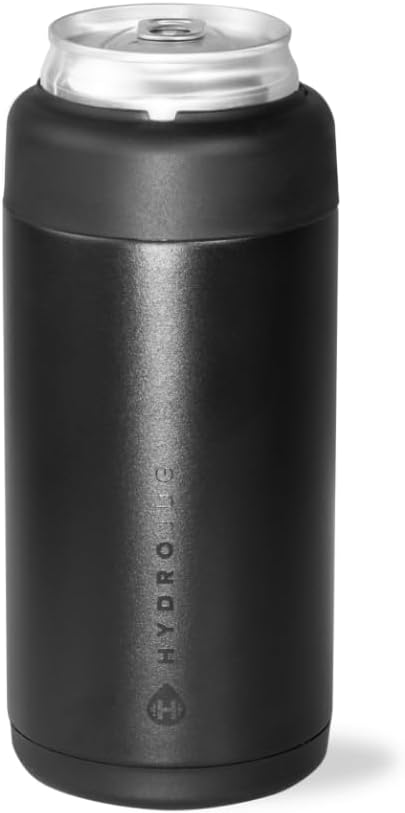 HydroJug Slim Can Cooler - 2-in-1 Insulated Can Cooler Cup - Stainless Steel Slim Can Holder with Non-Slip Rubber Base - Screw-Top Lid - Dishwasher Safe - 12oz, Black
