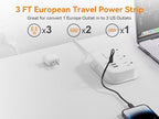 European Plug Adapter,EU/UK/US Travel Power Strip with 3 Outlets & 4 USB Ports(3.4A), International Power Adapter with 3 FT Extension Cord Compact for US to EU UK Germany Italy France Cruise