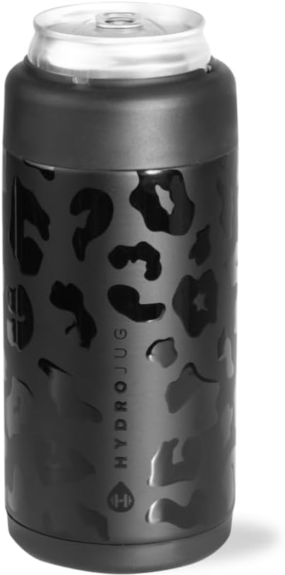 HydroJug Slim Can Cooler - 2-in-1 Insulated Can Cooler Cup - Stainless Steel Slim Can Holder with Non-Slip Rubber Base - Screw-Top Lid - Dishwasher Safe - 12oz, Black Leopard
