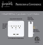 Glamsockets Decorative Wall Mount Surge Protector with 3 Outlets, Dual USB Charging Ports and Phone Holder - USB Charging Center/Multi Function Wall Tap (Turf)