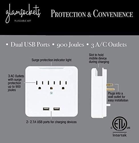 Glamsockets Decorative Wall Mount Surge Protector with 3 Outlets, Dual USB Charging Ports and Phone Holder - USB Charging Center/Multi Function Wall Tap (Turf)