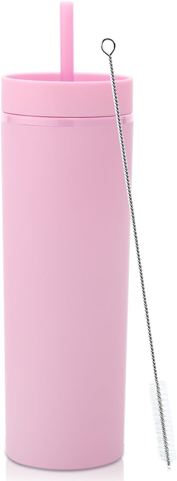 Volhoply 20oz Plastic Skinny Tumbler,Double Wall Tumblers with Lid and Straw,Reusable Travel Iced Coffee Mug,BPA Free Matte Acrylic Water Cups With Straw for Parties,DIY Gifts(Pink, 1 Set