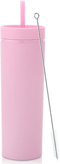 Volhoply 20oz Plastic Skinny Tumbler,Double Wall Tumblers with Lid and Straw,Reusable Travel Iced Coffee Mug,BPA Free Matte Acrylic Water Cups With Straw for Parties,DIY Gifts(Pink, 1 Set