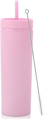 Volhoply 20oz Plastic Skinny Tumbler,Double Wall Tumblers with Lid and Straw,Reusable Travel Iced Coffee Mug,BPA Free Matte Acrylic Water Cups With Straw for Parties,DIY Gifts(Pink, 1 Set