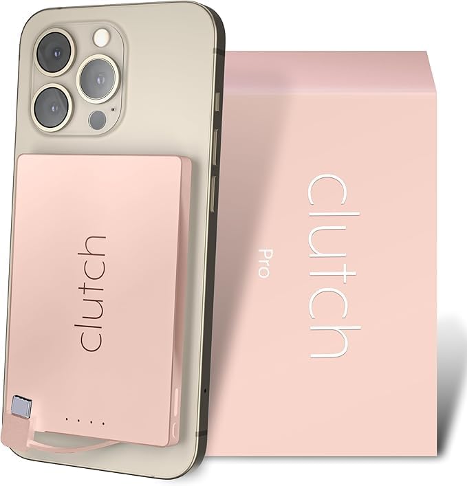Clutch Pro – World's Thinnest Portable Charger – USB-C Power Bank 5000mAh – Magnetic Built-in Cable – TSA Approved Travel Charger – iPhone 15/16/17 & Android – Pink