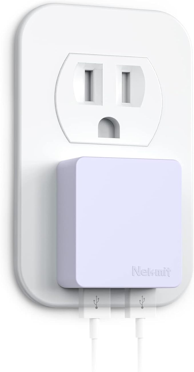 Nekmit Flat USB Wall Charger, Dual Port Slim USB Wall Charger with Smart IC for iPhone 14/14 Pro/14 Pro Max/13/13 Pro/13 Pro Max/12/12 mini/12 Pro, Galaxy, Pixel, iPad Pro, AirPods and More, Purple