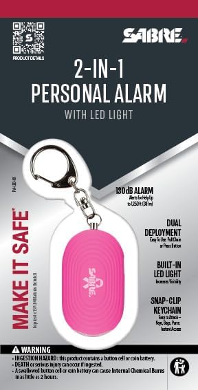SABRE 2-in-1 Personal Alarm with LED Light, 130dB Personal Safety Siren, Snap Hook for Instant Access, 1,250 Foot (381 Meters) Range, Compact Design for Easy Attachment to Purse, Bag, or Keys