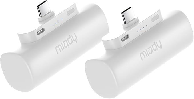 Miady 2-Pack 5000mAh Mini Portable Charger with Built-in Type C Connector, 5V 2.4A USB-C Output Fast Charging Small Power Bank Compatible with iPhone 17/16 Galaxy S24/S22 iPad (2 White)
