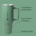 HydroJug Traveler - 40 oz Water Bottle with Handle & Flip Straw - Fits in Cup Holder, Leak Resistant Tumbler-Reusable Insulated Stainless Steel & Rubber Base - Gifts for Women & Men, Sage