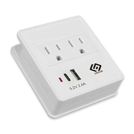 OSKOS Outlet Extender, Wall Surge Protector, 2 Outlets with 2.4A Two USB Ports (1A1C), Wall Mount Adapter with Top Phone Holder, 280 Joules, UL Listed