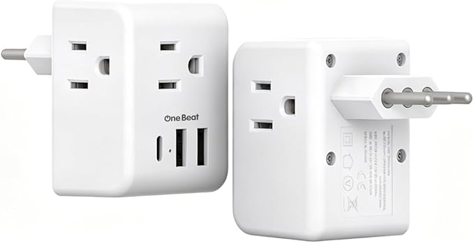 2 Pack Italy Travel Plug Adapter, Type L Italy Power Adapter with 3 American Outlets 3 USB Ports(1USB C), 6 in 1 Travel Outlet Adaptor, 3 Prong Grounded Plug for USA to Italy Chile Uruguay Italian