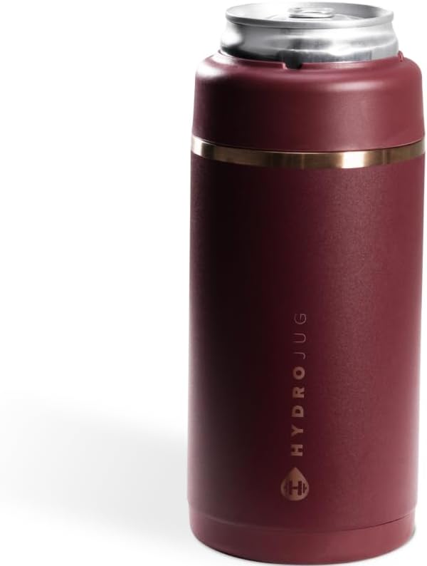 HydroJug Slim Can Cooler - 2-in-1 Insulated Can Cooler Cup - Stainless Steel Slim Can Holder with Non-Slip Rubber Base - Screw-Top Lid - Dishwasher Safe - 12oz, Merlot