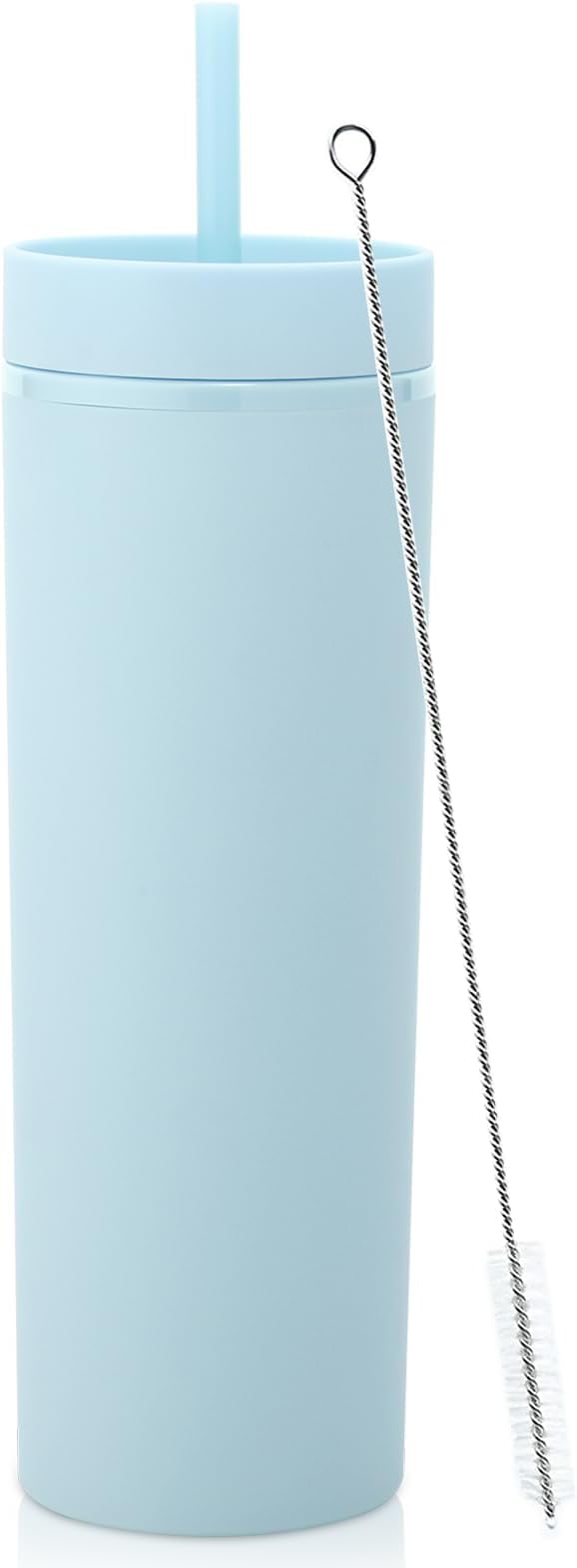 Volhoply 20oz Plastic Skinny Tumbler,Double Wall Tumblers with Lid and Straw,Reusable Travel Iced Coffee Mug,BPA Free Matte Acrylic Water Cups With Straw for Parties,DIY Gifts(Blue, 1 Set