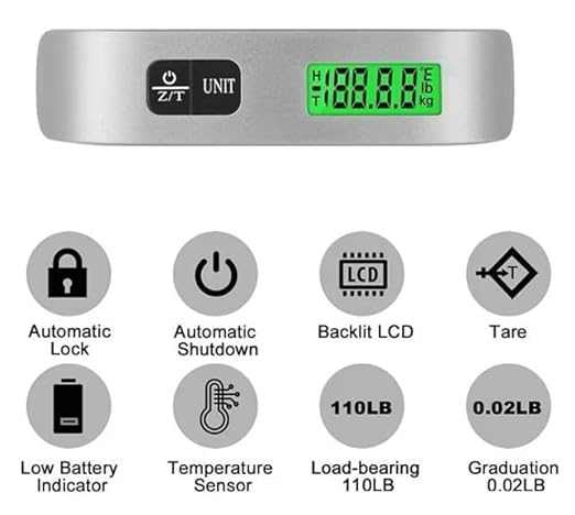 Digital Luggage Scale, 110lb Capacity, Backlit LCD Display, Temperature Sensor, Silver