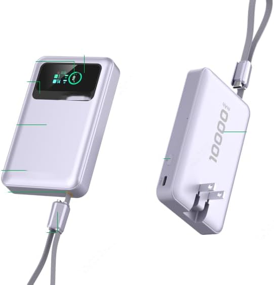 MOKiN 10000mAh 40W 3-in-1 Portable Phone Charger with Foldable Plug, Built-in USB-C Cable & LCD Display, All-in-One Power Bank for Travel Daily Use Compatible with iPhone 17/16/15 Series, Samsung