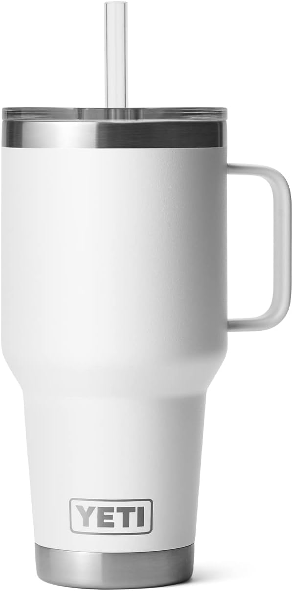YETI Rambler 35 oz Tumbler with Handle and Straw Lid, Travel Mug Water Tumbler, Vacuum Insulated Cup with Handle, Stainless Steel, White