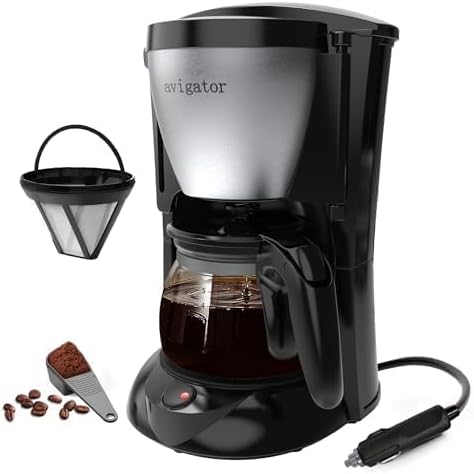 Portable Coffee Maker for Camping, Compact Drip Coffee Maker Brewer Includes 22oz Glass Carafe, Reusable Powder Filter for Traveling, RV, Office, Camping