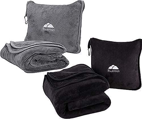 BlueHills Premium Soft Travel Blanket Pillow Value Pack Set of 2 - Airplane Flight Blanket Throw in Soft Bag with Luggage Belt Compact Pack Large Blanket for Travel Grey and Black Color