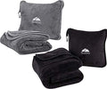 BlueHills Premium Soft Travel Blanket Pillow Value Pack Set of 2 - Airplane Flight Blanket Throw in Soft Bag with Luggage Belt Compact Pack Large Blanket for Travel Grey and Black Color