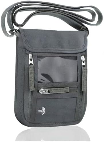 WALNEW Passport Holder Neck Pouch Travel Wallet for Women and Men, RFID Blocking Security Slim Traveling Wallet with Around Neck Lanyard Strap, Gray