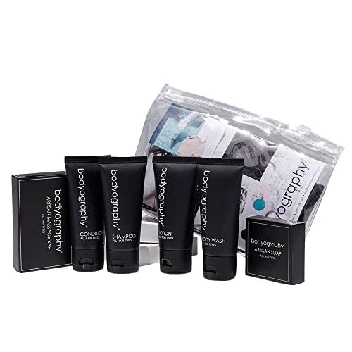 World Amenities - Bodyography Toiletry Kit, 6 Piece Set Shampoo, Conditioner, Body Wash, Lotion, Hand Soap, Massage Bar, Clear Travel Bag