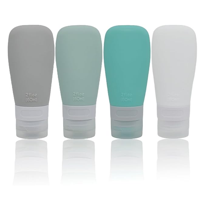 Silicone Travel Bottles, Leak Proof Squeezable Refillable Travel Accessories Toiletries Containers Travel Size Cosmetic Tube for Shampoo Lotion Soap Liquids (2oz Grey/blue/white/green)