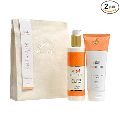 Pure Fiji Bath Gift Set Hydrate & Polish Kit - Spa Gift Sets For Women and Men Include - Coconut Body Scrub and Hydrate Body Lotion for Dry Skin - Spa Gift Sets For Women, Scent Mango
