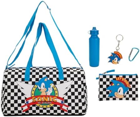 Sonic The Hedgehog Classic 5-Pc Duffle Bag Utility Case Water Bottle Key Chain and Carabiner