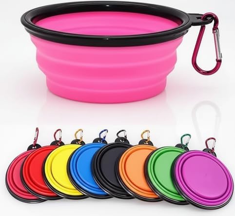 Silicone Foldable Pet Food Water Feeder, Collapsible Travel Bowl for Dog and Cat, Outdoor Portable (Pink)