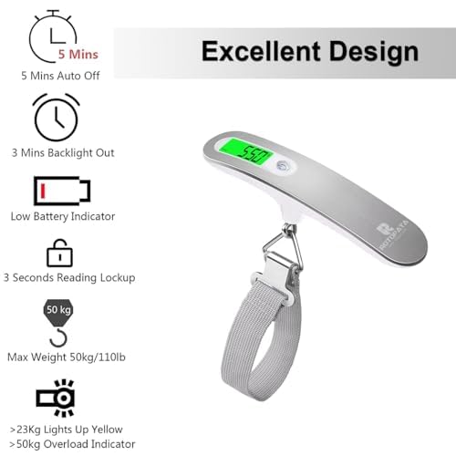 ROTOPATA Digital Luggage Travel Scale with Overweight Warning Function, Portable Handheld Electronic Weighing Scale with Hook, 50kg and Backlit LCD Display Screen Design for Suitcase Baggage