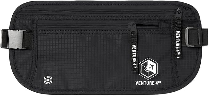 VENTURE 4TH Money Belt for Travel – Slim Hidden Under-Clothes RFID Blocking Anti-Theft Passport Holder & Travel Wallet Pouch for Men & Women to Protect Cash, Cards & Documents (Pure Black)