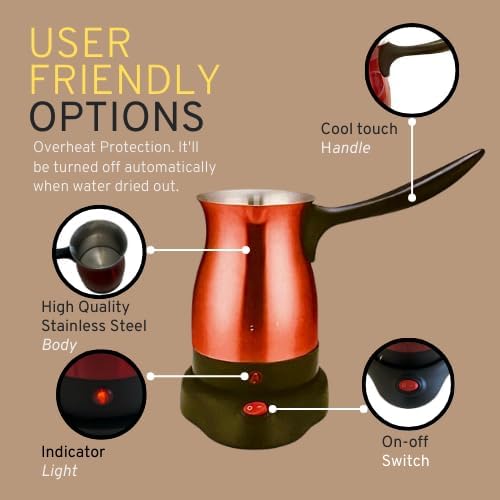 Electric Turkish Coffee Maker Pot Stainless Steel for Arabic, Greek, & Turkish Coffee, Cool Touch Handle 360 Degree Cordless Rotation Base, Fast, Keep Boiling Water 800W (Red)