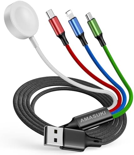 Travel Essentials 4 in 1 iWatch & iPhone Charger,Multi Charging Cable for Apple Watch Charger USB C Micro Nylon Compatible with iWatch Ultra/SE/10/9/8/7/6/5/4/3/iPhone 16/15/14/13 Galaxy Phone(4FT)