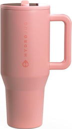 HydroJug Traveler - 40 oz Water Bottle with Handle & Flip Straw - Fits in Cup Holder, Leak Resistant Tumbler-Reusable Insulated Stainless Steel & Rubber Base - Gifts for Women & Men, Tulip