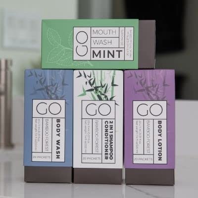 Go Essentials - Bundle Sets (Bamboo Forest and Refreshing Mint, 80 Packets Total (20 of Each)) Travel size mouthwash, shampoo/conditioner, body wash, body lotion.
