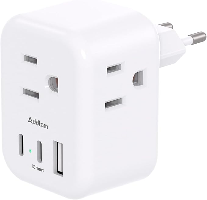 European Travel Plug Adapter, Addtam International Power Adapter with 3 Outlets 3 USB Charging Ports(2 USB C), Type C Adapter Travel Essentials to Most Europe EU Spain Italy France