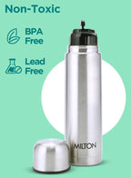 Milton Thermosteel Flip Lid Flask 350, Double Walled Vacuum Insulated Thermos 350 ml | 12 oz | 24 Hours Hot and Cold Water Bottle with Cover, 18/8 Stainless Steel, BPA Free, Leak-Proof | Silver