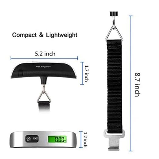 Digital Luggage Scale, 110lb Capacity, Backlit LCD Display, Temperature Sensor, Silver