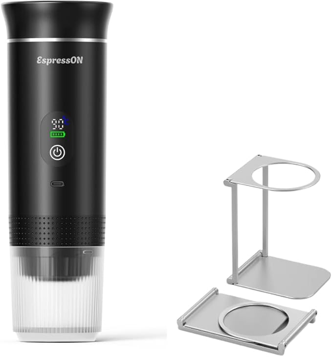 Portable Espresso Coffee Maker Rechargeable Self Heating Machine For Travel Car 3 in 1 Ground Coffee and NS Capsules 20 Bar Pressure Smart LED Display Camping Office With Stand Holder (BLACK)