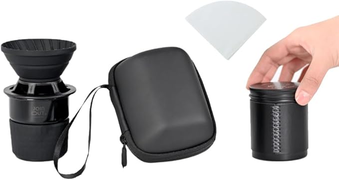 Portable Pour Over Coffee Maker Set with Carrying Case, Collapsible Silicone Dripper, 304 Stainless Steel Filter Cup, V60 Compatible, Black, Outdoor Camping Travel Kit (Black with Cone Filter)