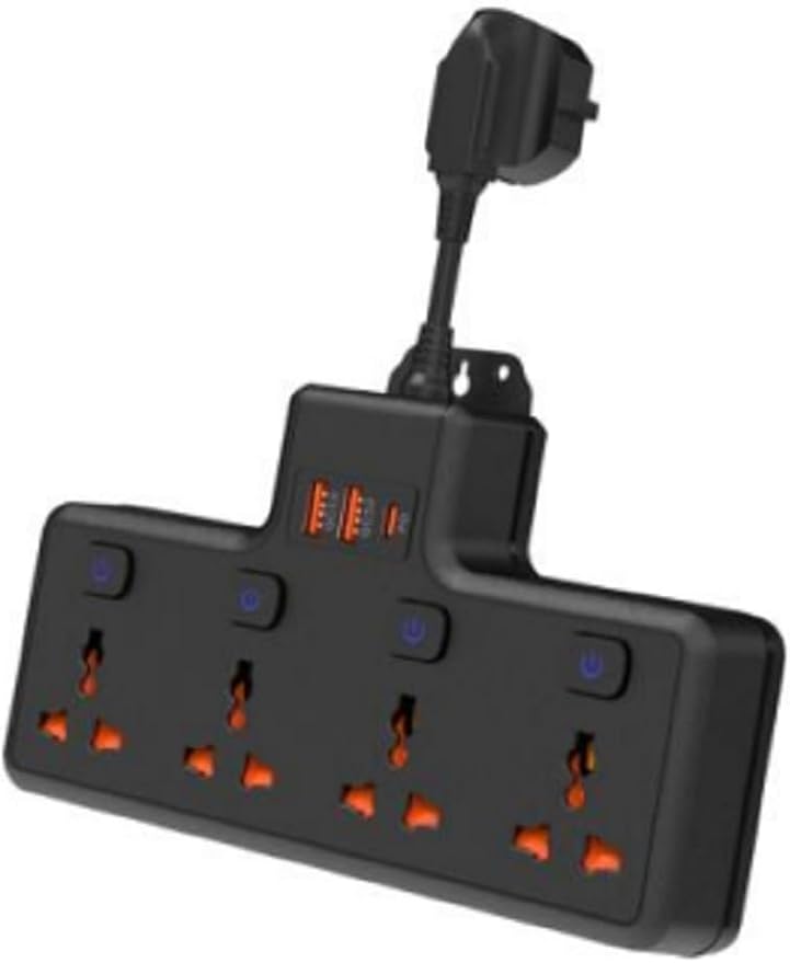Wall Mount Power Strip with 4 AC Outlets & USB-C (20W) and USB Ports, Plug Extender with Individual Switches, Space Saving Multi Plug Outlet for Home, Office, Dorm & Travel, Black