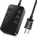 Wall Mount Power Outlet 6 AC Multi-Outlet Extender 5 USB Charging Ports Black Flat Plug 6ft Extension Cord 10A 2500W Compact Plug and Socket Home Office
