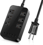 Wall Mount Power Outlet 6 AC Multi-Outlet Extender 5 USB Charging Ports Black Flat Plug 6ft Extension Cord 10A 2500W Compact Plug and Socket Home Office