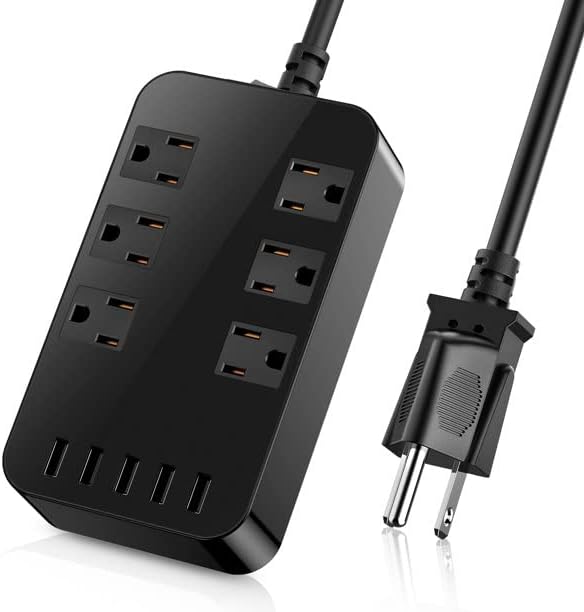 Wall Mount Power Outlet 6 AC Multi-Outlet Extender 5 USB Charging Ports Black Flat Plug 6ft Extension Cord 10A 2500W Compact Plug and Socket Home Office