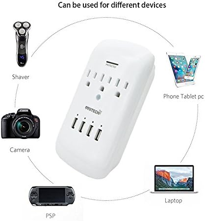 Oviitech Multi Outlet Wall Mount Adapter Surge Protector with 4 (4.2 AMP) USB Charging Ports,3 Outlet Extender Socket Plugs,White,ETL Certified.