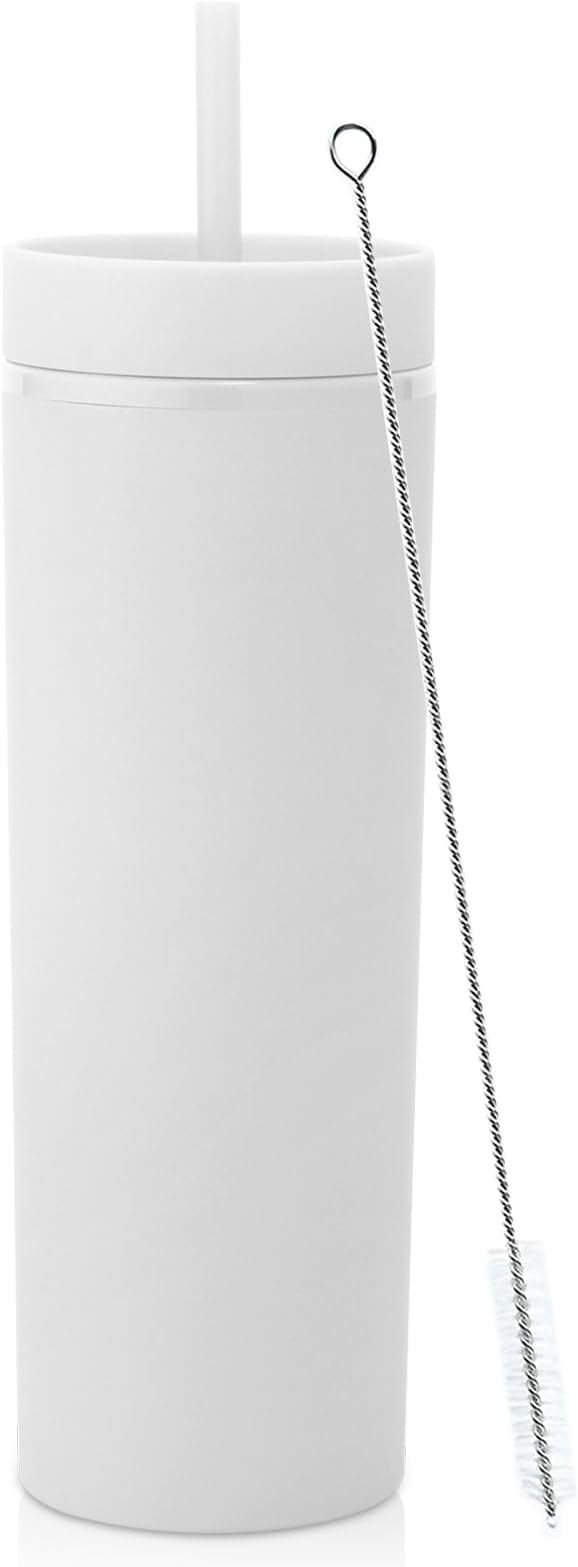 Volhoply 20oz Plastic Skinny Tumbler,Double Wall Tumblers with Lid and Straw,Reusable Travel Iced Coffee Mug,BPA Free Matte Acrylic Water Cups With Straw for Parties,DIY Gifts(White,1 Set