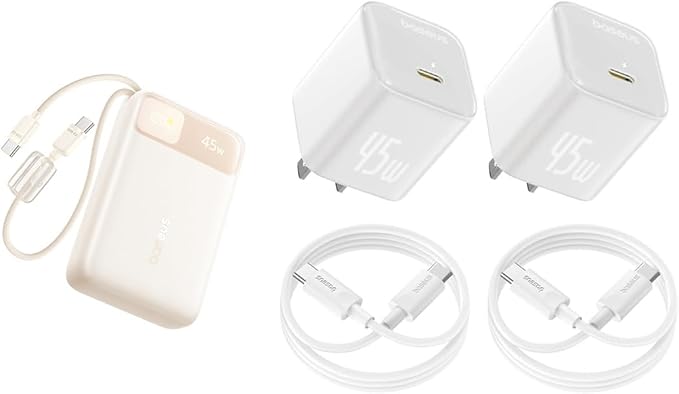Baseus 45W 2 Pack PPS Fast Charger Type C with USB-C Cable, Bundle with 20000mAh Compact Portable Charger 45W, CCC Certified Power Bank Built-in USB-C Cables