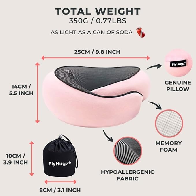 FlyHugz® Neck Travel Pillow Memory Foam Neck Pillow for Comfort on Airplane Compact and Ergonomic Design for Travel, Car Rides, and Home Use Ideal for Adults and Kids. (Pink)