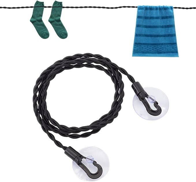 GORGECRAFT 2Pcs Travel Clothesline Black Nylon Stretch Rope Portable Retractable Laundry Windproof Clothing Drying Line with Hooks Suction Cup Holders for Camping Indoor Outdoor Accessories