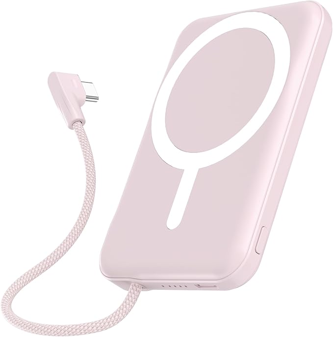 for Magsafe Power Bank, 5000mAh Magnetic Portable Charger with Built-in USB-C Cable, Wireless Battery Pack with 20W PD Fast Charging for iPhone 17/16/15/14/13/12 All Series-Pink
